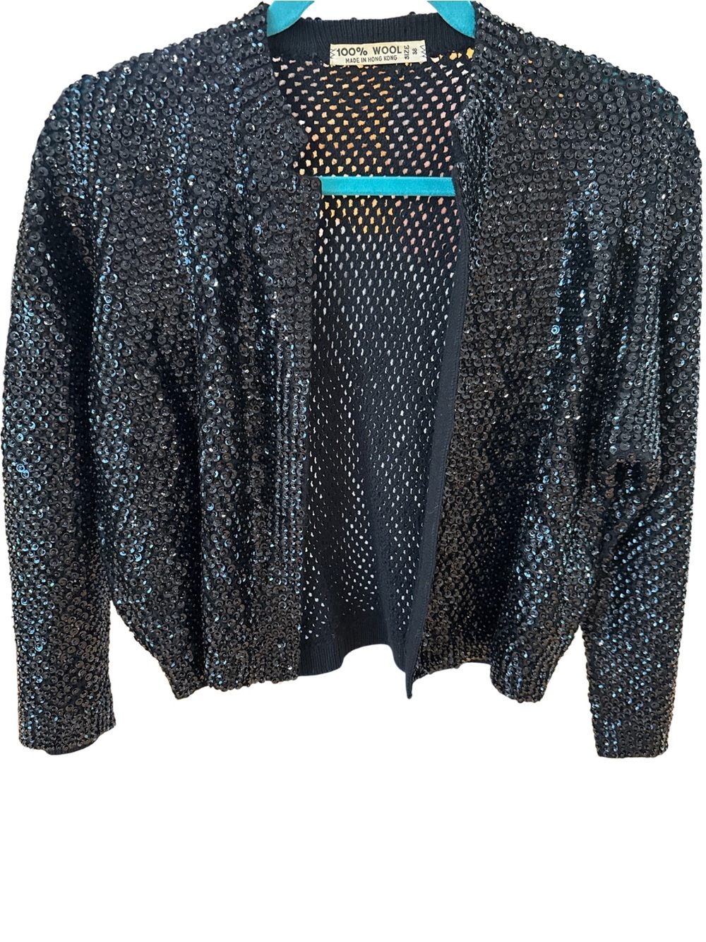 Black Sequin Open-Front Wool Cardigan